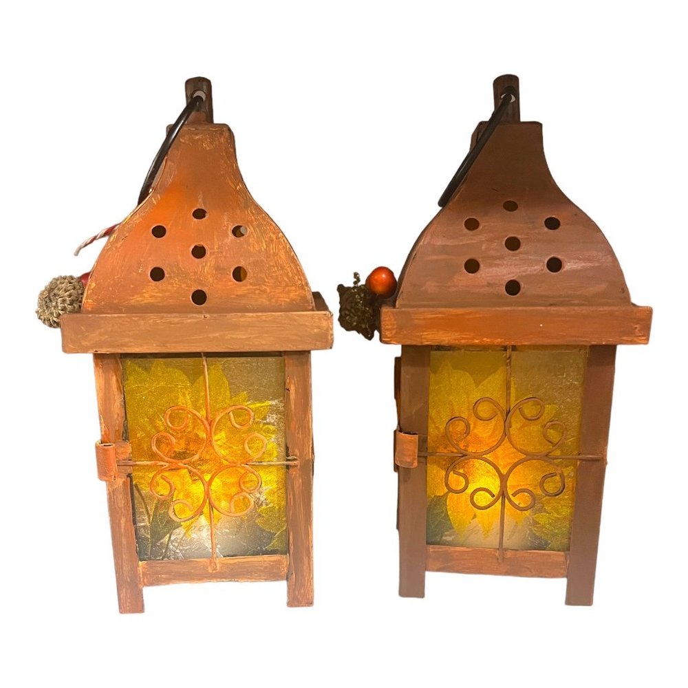 Hand Crafted Decoupaged and Hand-Painted Candle Metal Lanterns Set of 2 Lamps - Picture 4 of 11